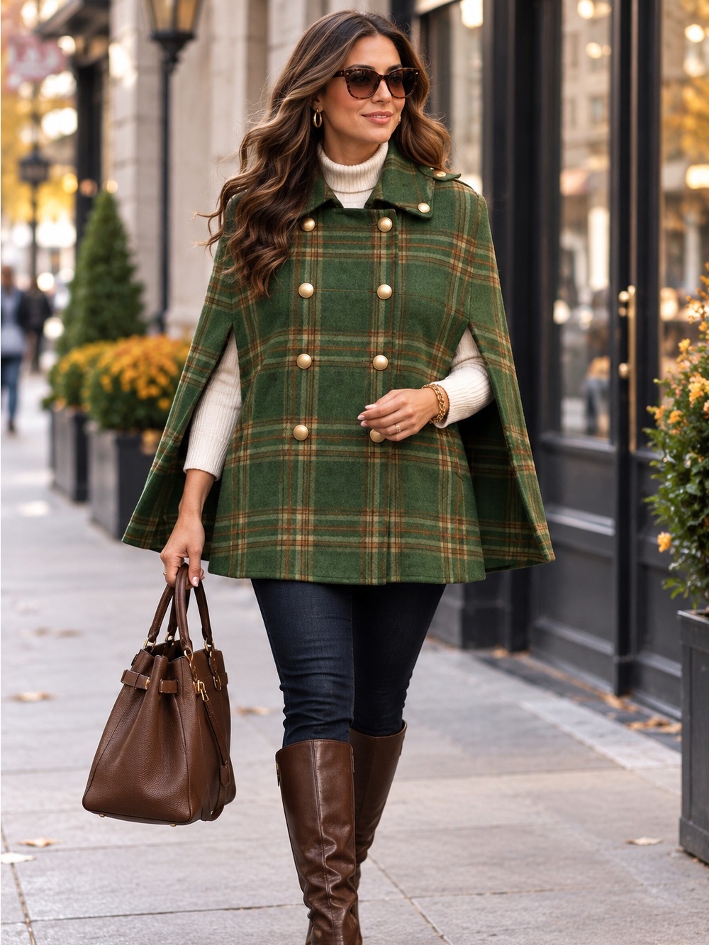 Women's Double Breasted Elegant Green Brown Gold Buttons Plaid Collared Cape L